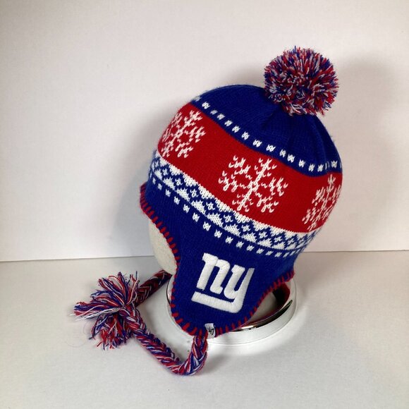 New York Giants Knit Winter Hat, One Size, '47 Brand, Tassels Pom Pom Football - Picture 3 of 6